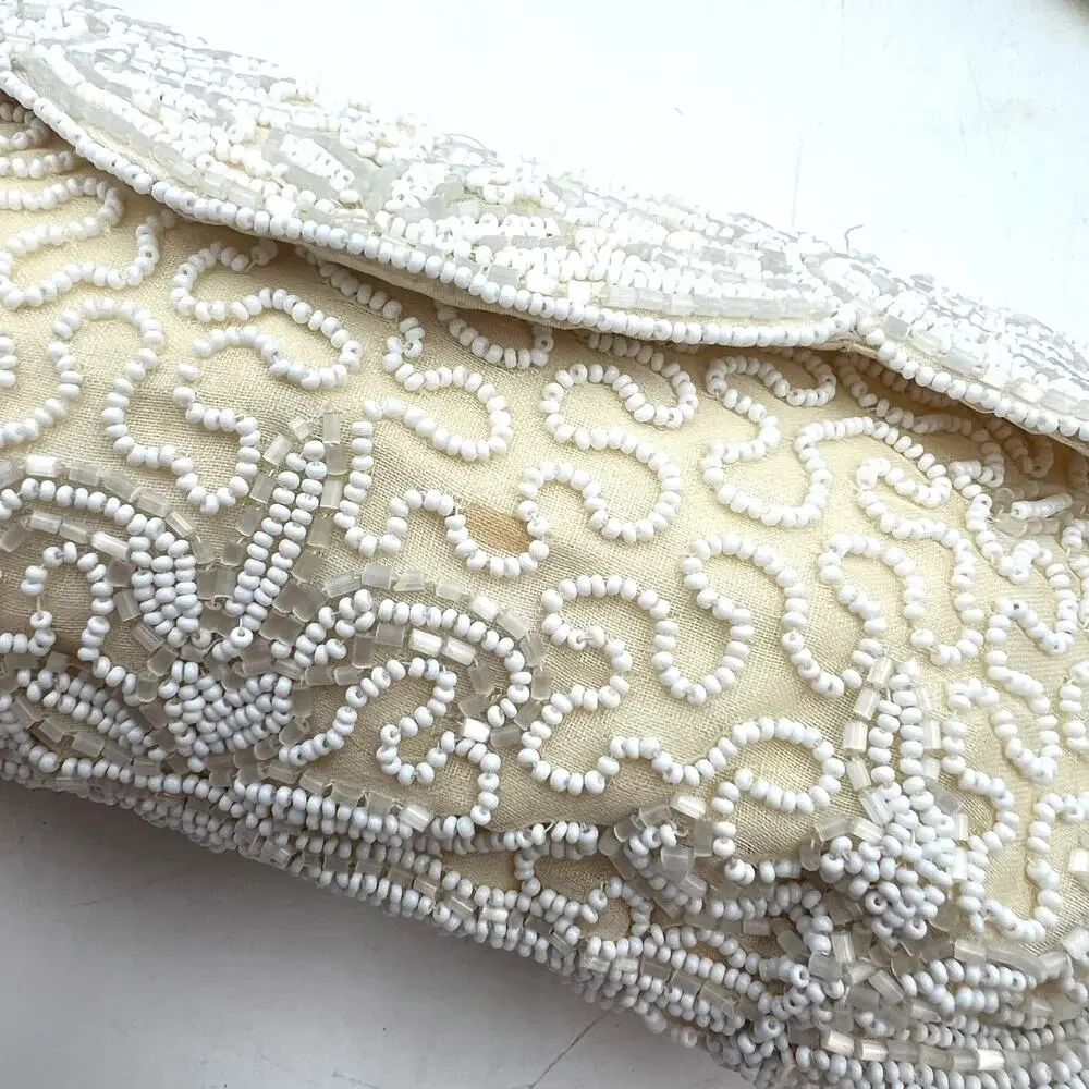 Vintage White Beaded Clutch Bag by Cecile